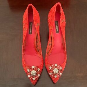 Dolce & Gabbana Red Lace Heels with Embellishments